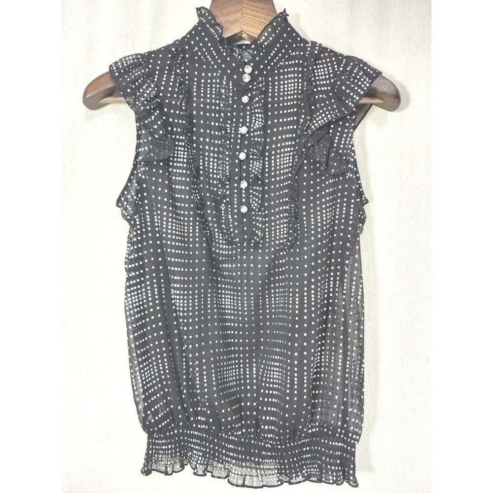 Sheer Chiffon Sleeveless Black & Silver Ruffle Button Up Med Blouse Whimsigoth